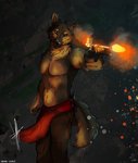 anthro black_powder_weapon clothed clothing fire flintlock flintlock_pistol green_eyes gun half_naked handgun holding_gun holding_object holding_ranged_weapon holding_weapon male muscular muscular_anthro muscular_male pistol ranged_weapon serious serious_face shooting solo standing weapon velkiel_(artist) aiden_(flashfire) canid canine canis domestic_dog husky mammal nordic_sled_dog spitz 2020 colored portrait three-quarter_portrait