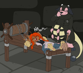 2_horns 4_nipples age_difference anthro apron black_nose bound braided_pigtails brown_body brown_fur buckteeth cleaning_tool closed_smile clothed clothing cloven_hooves covering covering_mouth dress dungeon duo ear_tuft emanata eyes_closed feather_duster feet female fingers fur gimp_mask gimp_suit hair holding_object hooved_fingers hooves horn inside larger_female laugh mask medium_hair mouth_closed multi_nipple nipples older_female open_mouth pink_body pink_fur red_hair size_difference smaller_female smile teats teeth tickle_fetish tickle_torture tickling tickling_feet tongue torture_device torture_rack_(device) tuft unguligrade young young_anthro young_female younger_female fuf nintendo pokemon buneary generation_2_pokemon generation_4_pokemon miltank pokemon_(species) 2026 hi_res