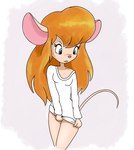 anthro blue_eyes clothing clothing_pull female looking_down shirt shirt_pull solo speedpaint topwear topwear_pull white_clothing white_shirt white_topwear itsjustflesh chip_'n_dale_rescue_rangers disney gadget_hackwrench mammal mouse murid murine rodent 2020