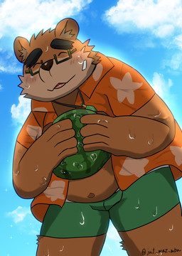 anthro belly blush bodily_fluids bottomwear brown_body clothed clothing cloud eyes_closed eyewear food fruit glasses kemono male melon open_clothing open_shirt open_topwear outside overweight overweight_male plant shirt shorts solo sweat topwear watermelon jnt_maz_mba lifewonders tokyo_afterschool_summoners volos_(tas) bear mammal 2022