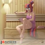 anthro anthrofied biped bodily_fluids breasts dual_holding ellipsis eyewear female glasses hair holding_object holding_pencil holding_writing_utensil horn inside multicolored_hair multicolored_tail patreon_logo patreon_username pencil_(object) sauna sitting solo steam sweat tail text towel website_logo writing_utensil kevinsano friendship_is_magic hasbro my_little_pony mythology patreon moondancer_(mlp) equid equine mammal mythological_creature mythological_equine unicorn 1:1 2018 digital_media_(artwork) english_text url