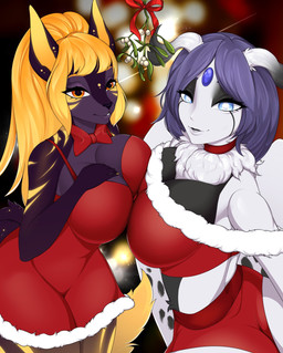 anthro biped blonde_hair blue_eyes blurred_background bottomwear bow_tie breast_squish breasts breasts_frottage butt christmas_clothing cleavage clothed clothing collar dress duo eyelashes female forehead_gem gem hair holidays horn long_hair midriff mistletoe neck_tuft orange_eyes plant purple_hair red_bottomwear red_clothing red_collar red_dress red_shorts red_topwear shorts squish tail topwear tuft unsigned v3nusbby christmas humanoid mammal 2021 absurd_res digital_media_(artwork) hi_res shaded