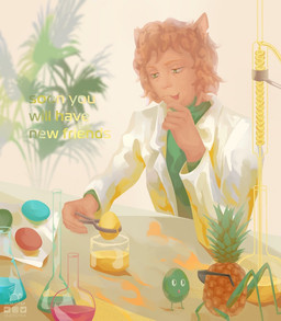 chemistry clothing day doctor easter_egg egg flask food fruit furniture green_eyes hair holidays laboratory light_body male orange_hair painting_(object) pineapple plant sitting solo table tongue tongue_out ocelotka easter animal_humanoid felid feline humanoid mammal digital_media_(artwork) full-length_portrait portrait