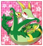 ambiguous_gender blush climbing_on dozing_off floral_pattern group looking_at_viewer lying on_front pink_background red_eyes simple_background sleeping smile trio evil_anaunara nintendo pokemon generation_5_pokemon grass_snake pokemon_(species) reptile scalie serperior snake snivy hi_res