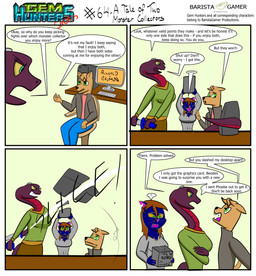 anthro bottomwear box chair clothing cochlear_implant_processor container counter deaf denim denim_bottomwear denim_clothing desktop_computer dialogue female furniture holding_with_tail jeans katana male melee_weapon pants shirt simple_background sword text topwear weapon baristagamerproductions ada_(gem_hunters) alfonso_(gem_hunters) phoebe_(gem_hunters) canid canine canis dingo felid feline mammal reptile scalie snake absurd_res comic english_text hi_res