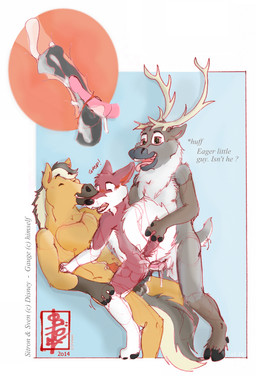 anal anal_penetration animal_genitalia animal_penis anthro antlers balls big_top_small_bottom bodily_fluids canine_genitalia canine_penis cervine_genitalia cervine_penis cum cum_in_ass cum_inside cum_on_balls dialogue double_anal double_penetration equine_genitalia equine_penis flared_penis genital_fluids genitals group hooves horn internal knot male male/male mane paws penetration penis size_difference size_play tail text trio two_doms_one_sub fennec_(artist) disney frozen_(disney) gauge_(character) sitron_(frozen) sven_(frozen) alaskan_malamute canid canine canis cervine deer domestic_dog equid equine horse mammal new_world_deer nordic_sled_dog reindeer spitz english_text hi_res