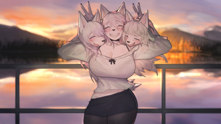 3_heads animal_ears anthro biped bottomwear breasts clothed clothing detailed_background eyelashes eyes_closed female hair multi_head outside shirt skirt smile thick_thighs topwear white_body white_hair sincrescent european_mythology greek_mythology mythology canid canid_demon canine cerberus demon hellhound mammal mythological_canine mythological_creature hi_res