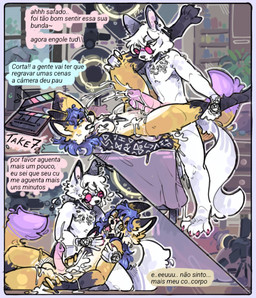 anthro balls bicolored_fur blue_hair bodily_fluids bodypaint comparison cum cumshot dialogue duo ejaculation erection eyewear fur genital_fluids genitals glasses hair male male/male penis piercing recording speech_bubble text tired white_body white_fur white_hair snowfoxy66 snow_(snowfoxy66) canid canine canis fox humanoid mammal comic hi_res portuguese_text translated