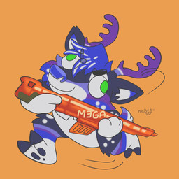 anthro gun male nerf nerf_blaster ranged_weapon running silly silly_face solo toy toy_gun weapon naoto hasbro nerf_(toy) canid canine canis deer hybrid mammal wolf 1:1 hi_res