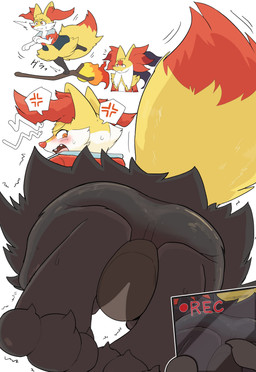 3_fingers after_transformation anthro balls blush bodily_fluids duo female fingers genitals male open_mouth orange_eyes recording sharp_teeth simple_background sweat sweatdrop teeth white_background yakumomidori1 nintendo pokemon pokemon_trainer braixen generation_6_pokemon generation_9_pokemon mega_delphox mega_evolution pokemon_(species) absurd_res hi_res