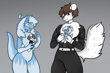 anthro black_clothing blue_body blue_fur brown_eyes brown_hair clothed clothing duo fur gesture grey_background hair hand_gesture holding_object male multicolored_body nude open_mouth open_smile plushie pointing pointing_at_self red_nose simple_background smile tail white_body white_fur yellow_eyes unknown_artist mythology canid canine dragon mammal mythological_creature mythological_scalie scalie hi_res