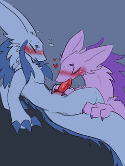 ambiguous_gender anthro arm_support aroused backward_arm_support blue_claws blue_mane blush blushing_profusely bodily_fluids claws duo eyes_closed fellatio fur genitals hand_on_tail heart_reaction heart_symbol hearts_around_head imminent_orgasm inner_ear_fluff kneeling_and_blow_position male mane oral penile penis pink_body pink_fur purple_claws purple_mane red_penis sex sitting sweat sweat_emanata tail tapering_penis tuft white_body white_fur conditional_dnp delphoxiscool mythology dragon furred_dragon furred_scalie mythological_creature mythological_scalie scalie 3:4 hi_res