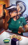 2022 absurd_res anthro beverage big_breasts black_hair blue_eyes breasts brown_body brown_fur canid canine clothing elizabeth_fox female food fox fur guacamole hair heart_symbol heterochromia hi_res independence_day_(mexico) mammal mexican_flag mexico ponytail red_eyes soccer_uniform solo sportswear taco text uniform viejillox white_hair