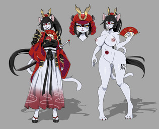 anthro armor asian_clothing big_breasts black_hair breasts clothing east_asian_clothing emika_haru_(nickzilla) emperor female folding_fan fur genitals gloves gold_(metal) hair hand_fan handwear headgear helmet japanese_armor japanese_clothing katana lipstick makeup markings melee_weapon plump_labia red_clothing red_markings red_spots royalty samurai smile smiling_at_viewer solo spots sword tattoo vulva warrior weapon white_body white_fur wide_hips yellow_eyes lyraaoart domestic_cat felid feline felis mammal hi_res