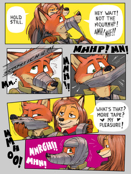 anthro asking asking_another asking_what bdsm bondage bound clothed clothing command command_to_wait dialogue don't_move duo female gag male malicious_misinterpretation muffled muzzle_(object) muzzled question sound_effects speech_bubble submissive submissive_male tape text vowelless vowelless_vocalization yes-no_question bondagefanart disney zootopia nick_wilde canid canine fox mammal red_fox true_fox 3:4 comic english_text hi_res