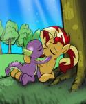 age_difference duo eyebrows eyelashes eyes_closed female feral hair hand_on_cheek horn interspecies kiss_on_lips kissing lying male multicolored_hair older_female on_side outside plant purple_body tail tree two_tone_hair yellow_body younger_male burning-heart-brony equestria_girls friendship_is_magic hasbro my_little_pony mythology spike_(mlp) sunset_shimmer_(eg) dragon equid equine horse mammal mythological_creature mythological_equine mythological_scalie pony scalie unicorn 2016 digital_media_(artwork) hi_res