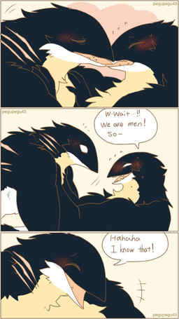 anthro black_body black_fur blush dialogue duo emanata fur kissing laugh male male/male open_mouth scar speech_bubble teeth text tongue tongue_out lovebuffpg45 avian bird penguin comic english_text hi_res