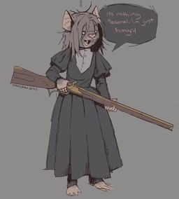 ambiguous_gender anthro barefoot black_clothing black_dress clothing dress fangs feet flintlock grey_background gun hair holding_gun holding_object holding_ranged_weapon holding_rifle holding_weapon messy_hair ranged_weapon rifle simple_background solo speech_bubble teeth weapon h0lycr0w bat leaf-nosed_bat mammal microbat vampire_bat yangochiropteran 2025 dated signature