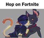 beanie black_body black_fur clothing clothing_pull duo ear_piercing female female/female fluffy_fur fur hat headgear headwear hoodie kissing necktie necktie_pull nude nude_anthro nude_female piercing red_eyes tie_only topwear tinyghostly epic_games fortnite hop_on_(meme) camille_(fortnite) meow_skulls felid feline mammal mouse murid murine rodent hi_res