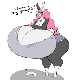 anthro big_breasts breasts clothed clothing eyewear female fur gaming glasses grey_body grey_fur hair huge_breasts hyper hyper_breasts looking_at_viewer nerd open_mouth pink_hair playing_video_game solo text thick_thighs topwear white_body white_fur persipeach ash_(persipeach) lagomorph leporid mammal rabbit absurd_res digital_media_(artwork) english_text hi_res