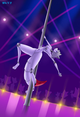 anthro audience breasts butt dancing female grey_hair group hair looking_at_viewer machine nipples nude nude_in_front_of_audience pole pole_dancing pose public public_nudity solo_focus stripper stripper_pole thick_thighs wide_hips 10ne-v alexa_(10ne-v) canid canine fox living_machine mammal robot absurd_res hi_res
