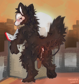 animal_genitalia animal_penis anthro anus aroused balls black_body blush bodily_fluids book butt canine_genitalia canine_penis city city_background cum cum_drip cum_inside dripping erection fluffy fluffy_tail genital_fluids genitals knot latex male nude paws penis raised_tail reading reading_book rear_view solo sunset tail tornado_fur changed_(video_game) puro_(changed) canid canine canis latex_creature living_latex mammal wolf