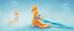 2_tails 3_toes bandage biped blue_background blue_eyes duo feet female feral fingers flower fog fur gradient_background hair holding_object holding_weapon looking_at_another melee_weapon multi_tail orange_body orange_fur orange_hair plant plushie simple_background standing sword tail toes weapon young eldrige nintendo pokemon floatz buizel dewott floatzel generation_4_pokemon generation_5_pokemon pokemon_(species) 2014