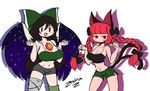 big_breasts black_eyes black_hair bottomwear breast_size_difference breasts cleavage clothed clothing duo female hair looking_at_viewer midriff navel open_mouth red_eyes red_hair simple_background smile standing text thick_thighs topwear wide_hips wings zedrin asian_mythology east_asian_mythology japanese_mythology mythology touhou rin_kaenbyou utsuho_reiuji animal_humanoid avian avian_humanoid cat_humanoid felid felid_humanoid feline feline_humanoid humanoid mammal mammal_humanoid winged_humanoid yokai signature