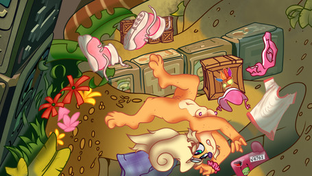 anthro breasts clothing falling female genitals nipples solo vulva blubbs.y activision bad_dragon crash_bandicoot_(series) invader_zim nickelodeon aku_aku coco_bandicoot gir_(invader_zim) bandicoot mammal marsupial 16:9 4k absurd_res hi_res widescreen