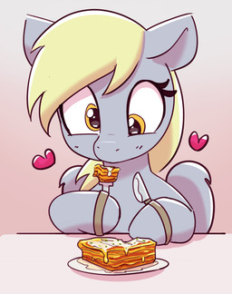 blonde_hair cross-eyed cutlery eating eyelashes female feral food fork grey_body hair heart_symbol hooves kitchen_utensils knife long_hair solo tools wings yellow_eyes pabbley friendship_is_magic hasbro my_little_pony mythology derpy_hooves_(mlp) equid equine mammal mythological_creature mythological_equine pegasus 2023 hi_res