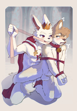 anthro athletic athletic_anthro athletic_dom athletic_male athletic_sub bdsm bell bell_collar bondage bound brown_body brown_fur collar duo eye_contact fur leash leashed_collar looking_at_another male red_eyes ribbon_bondage ribbons white_body white_fur yellow_eyes asenjian canid canine canis domestic_dog lagomorph leporid mammal rabbit 2025 hi_res