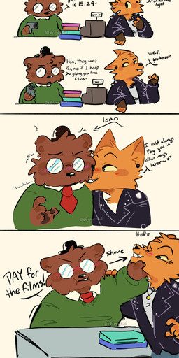 anthro bedroom_eyes blush brown_body brown_fur canon_couple cash_register clothing dialogue digit_ring duo ear_piercing eyebrows eyewear fingerless_gloves fingers fur glasses gloves green_eyes handwear hat headgear headwear humor jacket jewelry laugh leaning_on_another male male/male mouth_scar narrowed_eyes necktie orange_body orange_fur pendant piercing seductive shoving simple_background smile snout spiked_clothing spikes teeth text topwear c0rpses0ul night_in_the_woods angus_delaney gregg_lee bear brown_bear canid canine fox mammal ursine 2025 absurd_res comic digital_media_(artwork) english_text hi_res sketch watermark