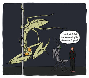 ambiguous_gender antennae_(anatomy) dancing dialogue green_eyes group male orange_eyes pole pole_dancing stripper stripper_pole text dirtytabs ftl:_faster_than_light arthropod human insect mammal mantis english_text