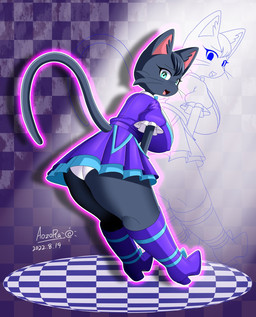 anthro big_breasts big_butt black_body black_fur blue_eyes boots breasts butt checkered checkered_background checkered_floor clothed clothed_anthro clothed_female clothing curvy_figure dress empty_eyes eyelashes female female_anthro footwear fur green_eyes high_heeled_boots high_heels huge_breasts kemono leaning leaning_forward looking_back nipple_outline open_mouth open_smile outline panties panty_peek pattern_background presenting presenting_hindquarters puffy_sleeves shoes simple_background smile solo thick_thighs underwear upskirt voluptuous whiskers white_clothing white_panties white_underwear aozora_(tasogare_aozora) odd_taxi sakura_wadagaki_(odd_taxi) domestic_cat felid feline felis mammal 2022 digital_media_(artwork) hi_res signature
