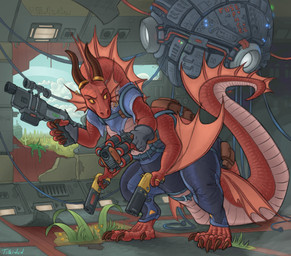 4_arms ambiguous_gender anthro arm_frill backpack belt big_tail bottomwear brown_claws brown_horn claws clothed clothing cloud cord crouching damaged_building damaged_wall detailed_background ear_piercing ear_ring eyebrows fin flower frill_(anatomy) gloves grass gun handwear head_crest head_frill holding_object holding_weapon horn horn_jewelry horn_ring inside jewelry looking_away moss multi_arm multi_limb neck_frill overgrown pants piercing plant pouch_(clothing) ranged_weapon red_body red_eyes red_scales ring ring_(jewelry) ring_piercing scales science_fiction scope solo standing tail tail_frill technology text ventilation ventral_scales weapon window wire yellow_sclera tilkidud european_mythology mythology dragon mythological_creature mythological_scalie scalie western_dragon 2026 absurd_res digital_media_(artwork) english_text hi_res signature