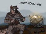 anthro carni_herbi_war chauchat clothing crouching day fur gun hat headgear headwear holding_object holding_weapon machine_gun male military military_cap military_uniform outside pouches pupils ranged_weapon shadow shooting_gun simple_background soldier soldier_uniform solo tail text topwear uniform war warrior warzone weapon world_war_1 beastars canid canine canis hyena mammal absurd_res artist_name hi_res signature