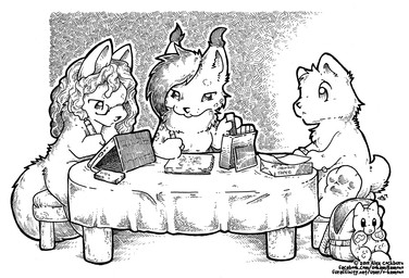 anthro backpack creating_art drawing_(action) drawing_pad eyewear female furniture glasses group hair male marker nude paper pawpads pencil_(object) plushie stool stylus table o-kemono domestic_cat felid feline felis mammal pantherine snow_leopard unknown_species 2019 black_and_white monochrome