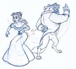 4_toes 5_fingers anthro butt claws clothed clothing dress duo ear_piercing evening_gown feet female fingers horn male piercing shocked slap tail toe_claws toes unknown_artist beauty_and_the_beast disney beast_(disney) belle_(beauty_and_the_beast) furred_monster human mammal monster graphite_(artwork) sketch traditional_media_(artwork)