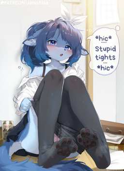 accessory anthro beverage_can black_nose blue_eyes blue_hair blush bottomwear bow_ribbon bra briefcase clothed clothing drunk female frown frustrated genitals hair hair_accessory hair_bow hair_ribbon kemono legwear miniskirt off_shoulder off_shoulder_shirt paper pawpads ponytail ribbons shirt skirt solo speech_bubble substance_intoxication tights topwear underwear undressing vulva janiskisa asahi_super_dry canid canine fox mammal 2026