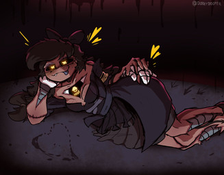 4_hands :3 armband bare_shoulders bedroom_eyes big_breasts black_body black_clothing black_dress black_footwear black_hair black_high_heels black_sclera blood blood_drip bodily_fluids bow_ribbon breasts brown_body brown_skin clothing corset cute_fangs directional_arrow dress dripping eyeshadow fangs female flirting flirting_with_viewer footwear freckled_breasts freckled_face freckled_shoulders freckles glowing glowing_eyes grey_body grey_tongue hair half-closed_eyes hand_on_head hand_on_hip heart_symbol high_heels leg_tattoo lingerie long_hair looking_at_viewer lying machine makeup metal metallic_body multi_hand narrowed_eyes nightmare_fuel number oil on_side pigtails resting screen screen_face seam_(sewing) seductive segmented_body sharp_teeth shoes simple_background solo stitch_(sewing) surgical_suture tattoo teeth text thick_thighs tongue tongue_out topwear twintails_(hairstyle) white_body wide_hips x_eyes yellow_armband yellow_eyes diddlydooter1 glitch_productions murder_drones cyn_(murder_drones) tessa_(murder_drones) eldritch_abomination human humanoid mammal patchwork_creature robot robot_humanoid undead worker_drone zombie artist_name digital_drawing_(artwork) digital_media_(artwork) hi_res signature