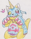 animal_skin anthro bell bell_collar belly belly_markings cat_eared_creature collar fur horn male markings one_eye_closed red_eyes slightly_chubby solo striped_body striped_fur stripes wink yellow_body tabasukotrr bandai_namco digimon digimon_(species) gabumon hi_res