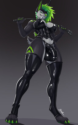 animal_genitalia anthro balls big_balls big_breasts big_penis black_clothing black_corset black_latex black_legwear black_panties black_thigh_highs black_underwear breasts bulge clothing corset detailed_bulge dominant dominant_intersex dominatrix equine_genitalia fangs fur genital_outline genitals green_eyes green_hair green_markings grey_body grey_fur grin grinning_at_viewer hair herm intersex latex latex_clothing latex_corset latex_legwear latex_lingerie latex_panties latex_thigh_highs latex_topwear latex_underwear legwear lingerie looking_at_viewer low-angle_view markings muscular muscular_intersex panties penis penis_outline riding_crop sabertooth_(anatomy) small_tail smile smiling_at_viewer solo tail tall teeth thigh_highs topwear towering underwear whip alibiwolf conditional_dnp vex_(alibiwolf) canid canine canis deity felid hybrid jackal mammal prehistoric_species saber-toothed_tiger smilodon 5:8 hi_res