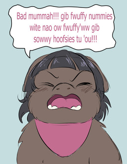 ambiguous_feral ambiguous_gender angry baby_talk black_hair blue_background blush brown_body brown_fur dialogue eyes_closed feral front_view fur hair kerchief neckerchief neckwear open_mouth pink_kerchief pink_neckerchief simple_background solo speech_bubble teeth text tongue young young_ambiguous young_feral alice_621 fluffy_pony fluffy_pony_(species) mammal 2026 absurd_res digital_media_(artwork) english_text hi_res