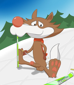 3_toes anthro balls brown_body brown_fur cheek_tuft clothing facial_markings facial_tuft feet fur genitals gloves hand_on_hip hand_on_own_hip handwear head_markings humanoid_genitalia humanoid_penis male male_anthro markings mascot muzzle_(marking) pawpads penis plant red_nose ski ski_pole snout snow spread_legs spreading tail toes toony tree tuft white_snout white_tail sergaelic 1984_sarajevo_olympics olympics vucko canid canine canis mammal wolf 2017 absurd_res hi_res