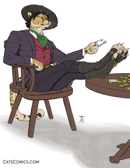 anthro belt bottomwear brown_eyes card chair claws clothed clothing cravat finger_claws foot_on_table footwear fully_clothed fur furniture gambling holding_playing_card jacket looking_at_viewer male money on_chair pants pawpads paws playing_card shirt simple_background sitting sitting_on_chair solo spots spurs table tail tan_body tan_fur text toe_claws toeless_footwear topwear vest wearing_hat whiskers white_background redcoatcat cheetah felid feline mammal 2025 digital_media_(artwork) signature url