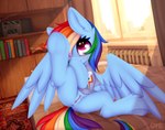2022 anus blue_body blue_feathers blush bottomless butt clothed clothing equid equine feathered_wings feathers female feral friendship_is_magic genitals hair hasbro hooves mammal multicolored_hair my_little_pony mythological_creature mythological_equine mythology omiart pegasus pink_eyes pussy rainbow_dash_(mlp) rainbow_hair signature smile solo wings