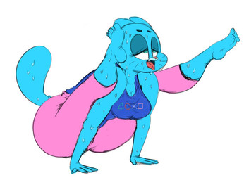 anthro blue_body blue_fur bodily_fluids bottomwear breasts clothed clothing curvy_figure exercise female fur green_eyes mature_anthro mature_female pants solo sweat tight_clothing voluptuous wide_hips workout yoga yoga_pants neom-daddy cartoon_network the_amazing_world_of_gumball nicole_watterson domestic_cat felid feline felis mammal