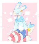 2022 bell blue_body blue_clothing blue_fur blue_hoodie blue_topwear bunonthemoon clothed clothing crossdressing femboy fur hi_res hoodie lagomorph leg_warmers legwear leporid male mammal pattern_clothing pattern_legwear pattern_thigh_highs pink_body pink_fur pink_leg_warmers rabbit slim_anthro slim_male solo striped_clothing striped_legwear striped_thigh_highs stripes thigh_highs topwear white_body white_fur