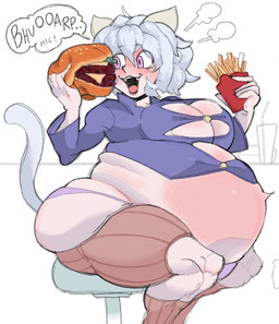 belly belly_expansion big_belly big_breasts big_butt blazer bloated bottomwear breasts burger burping butt button_(fastener) clothing eating eating_food expansion female food fries hair huge_belly huge_butt huge_thighs hyper hyper_belly inside legwear obese obese_female onomatopoeia overweight overweight_female panties pink_eyes shorts solo sound_effects speech_bubble straining_buttons tail text thick_thighs thigh_highs torn_clothing underwear weight_gain pearkidart hunter_x_hunter neferpitou animal_humanoid cat_humanoid chimera_ant felid felid_humanoid feline feline_humanoid humanoid mammal mammal_humanoid 2026 digital_drawing_(artwork) digital_media_(artwork) english_text hi_res