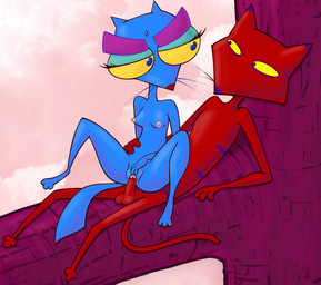 anthro areola balls blue_body blue_eyes blue_fur breasts butt duo erect_nipples erection eye_contact female female_on_top female_penetrated fur genitals half-closed_eyes looking_at_another male male/female male_on_bottom male_penetrating male_penetrating_female narrowed_eyes nipples nude on_bottom on_top penetration penile penile_penetration penis penis_in_vagina plant red_body red_fur reverse_cowgirl_position sex sitting straddling stripes tail toony tree vaginal vaginal_penetration vulva yellow_sclera paint34 cartoon_network courage_the_cowardly_dog the_dirdy_birdy fergurina katz_(courage_the_cowardly_dog) domestic_cat felid feline felis mammal crossover